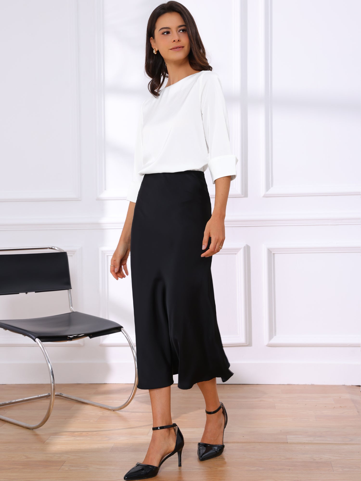 Dressy Casual Boat Neck 3/4 Sleeve Work Satin Blouse