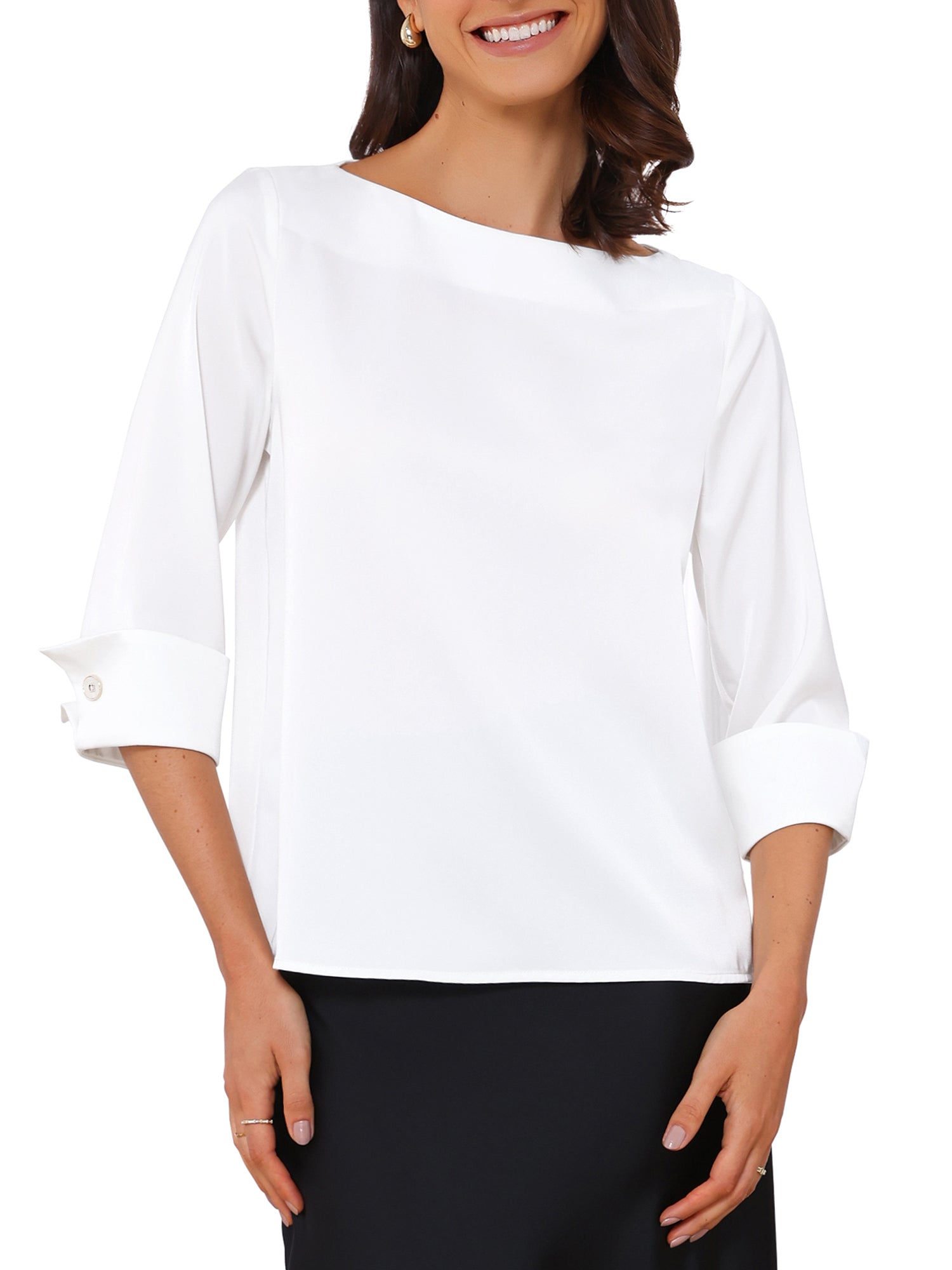 Dressy Casual Boat Neck 3/4 Sleeve Work Satin Blouse