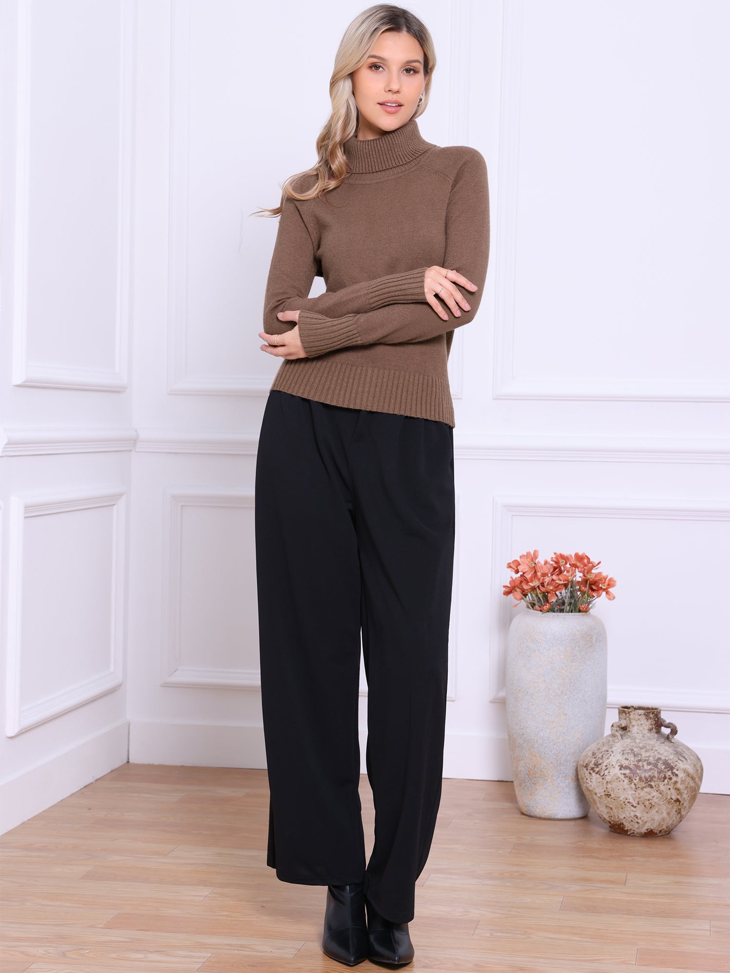 Turtleneck Long Sleeve Ribbed Knitted Pullover Sweater
