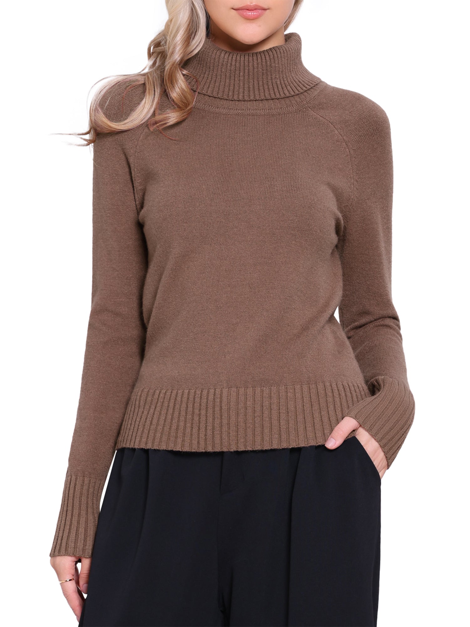 Turtleneck Long Sleeve Ribbed Knitted Pullover Sweater