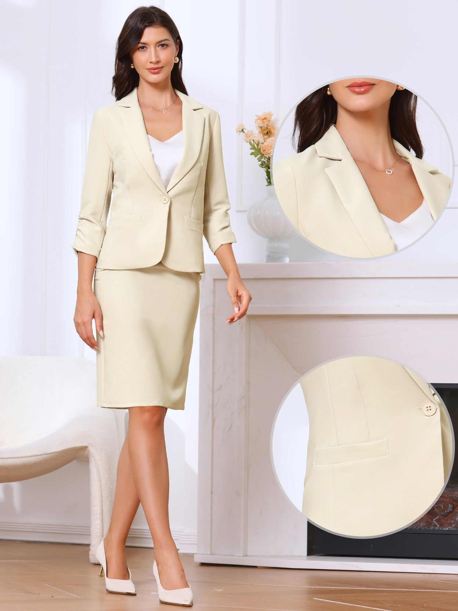 2 Pieces Business Ruched 3/4 Sleeves Blazer & Pencil Skirt Suit Set