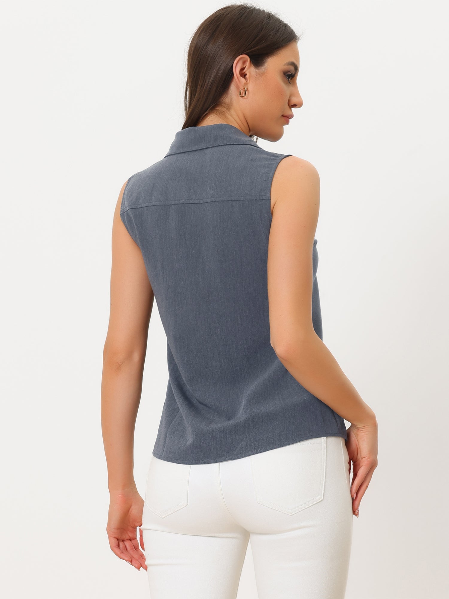 Denim Button Down Sleeveless Lapel V Neck Chambray Tunic Top