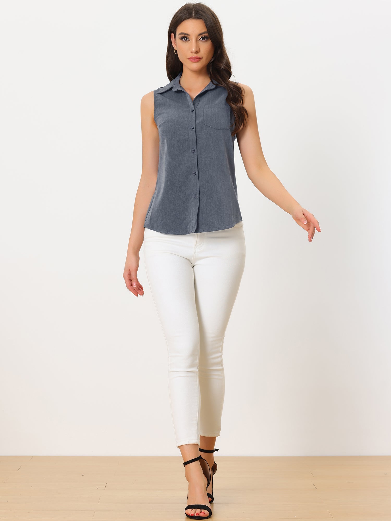 Denim Button Down Sleeveless Lapel V Neck Chambray Tunic Top