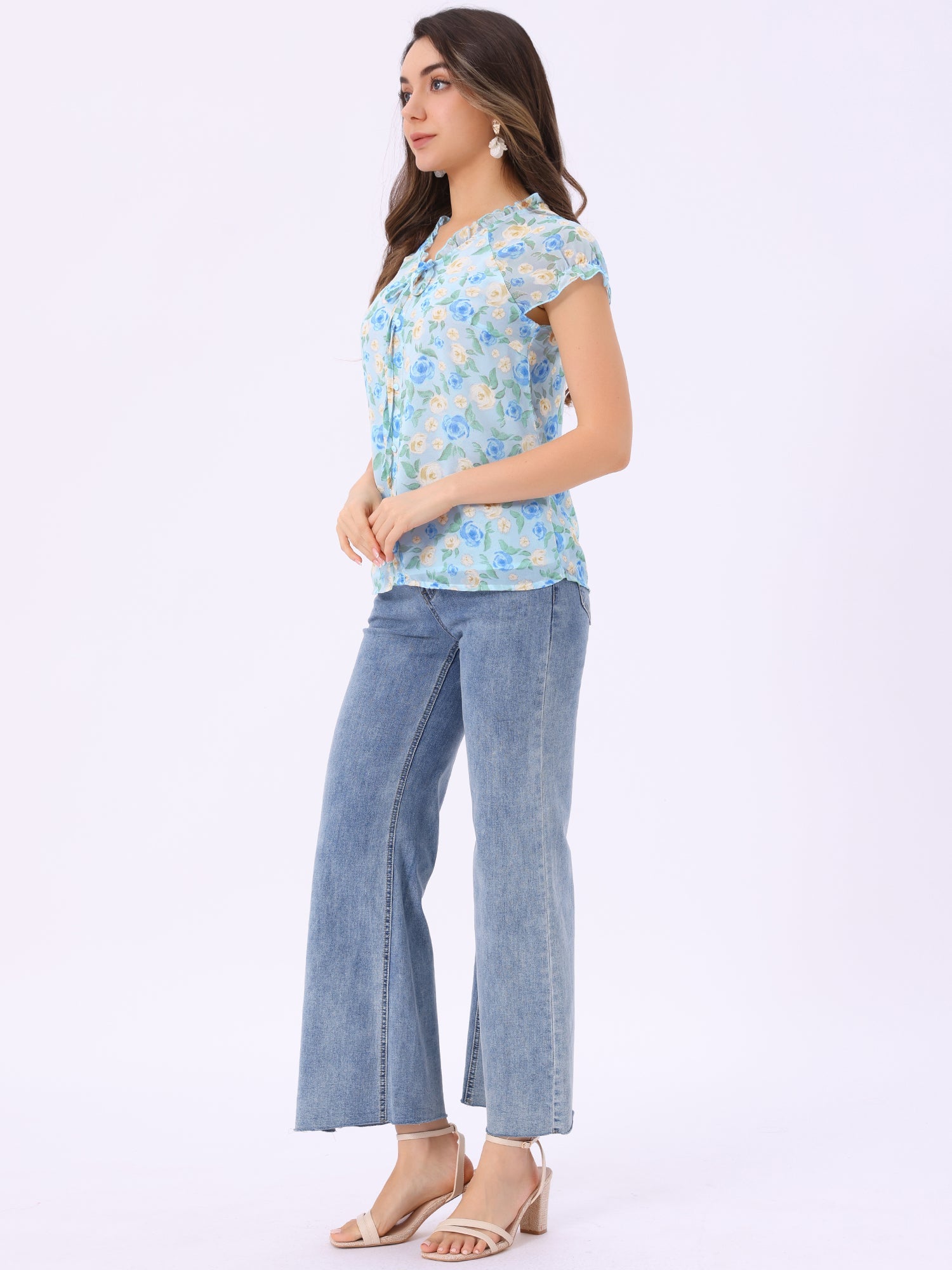 Ditsy Floral Print Chiffon Short Sleeve Ruffle Blouse