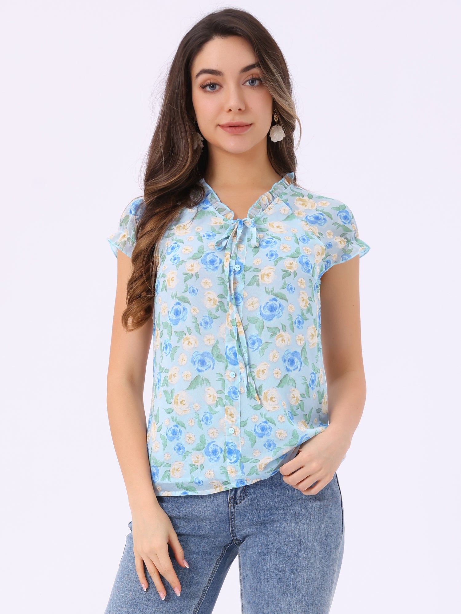 Ditsy Floral Print Chiffon Short Sleeve Ruffle Blouse