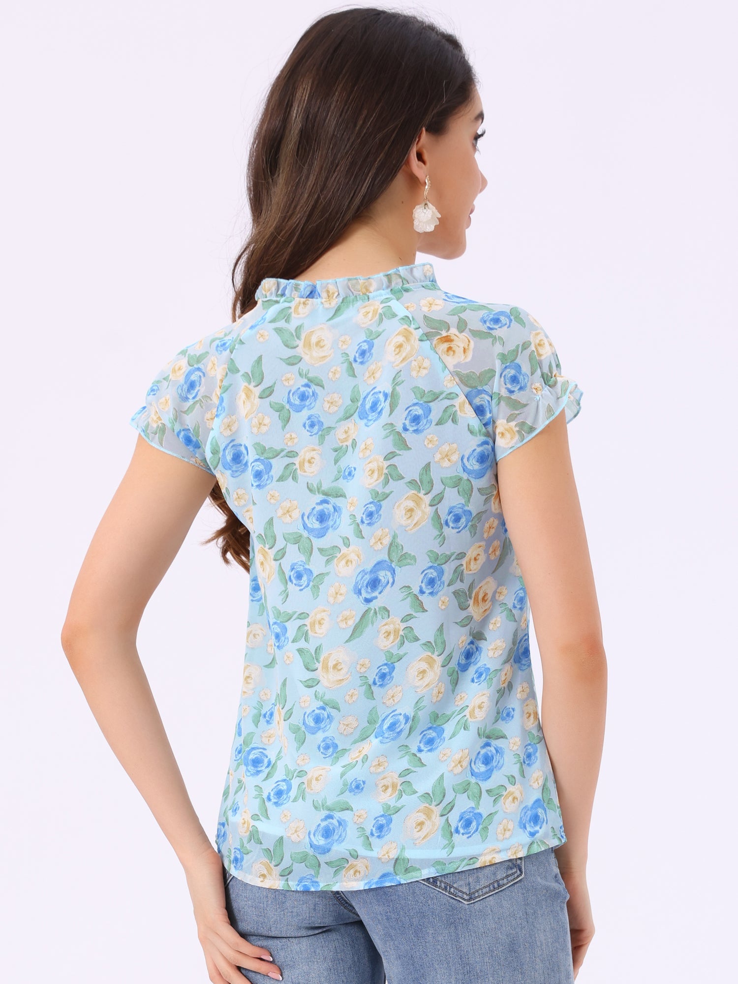 Ditsy Floral Print Chiffon Short Sleeve Ruffle Blouse