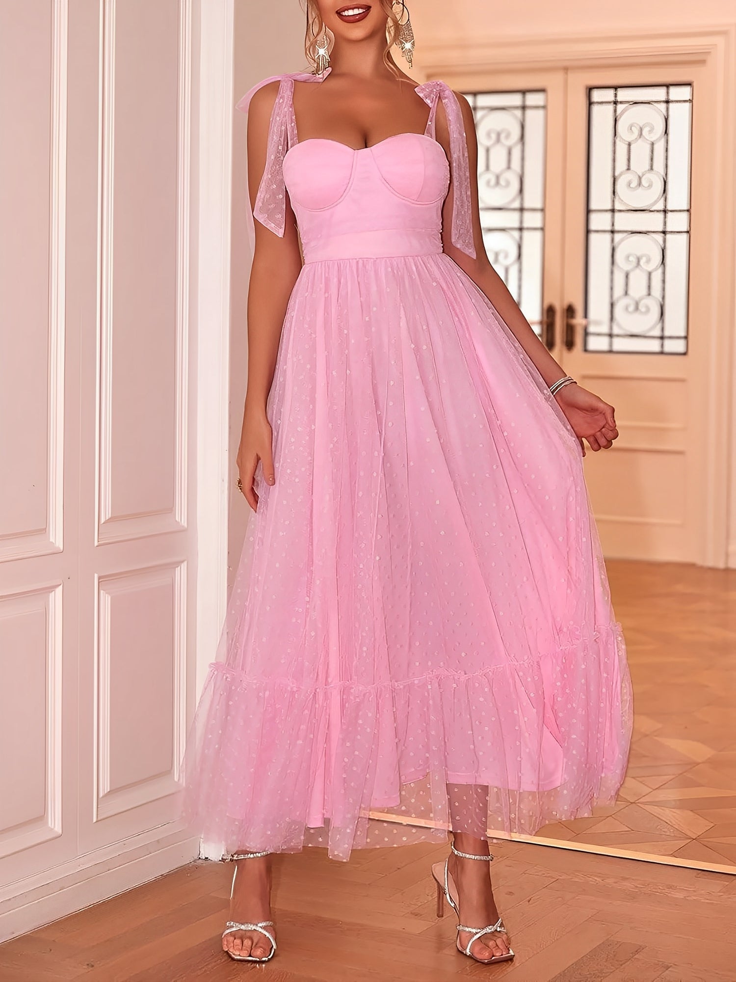 Sexy Sheer Swiss Dots Mesh Lace-Up Sleeveless Maxi Party Dress