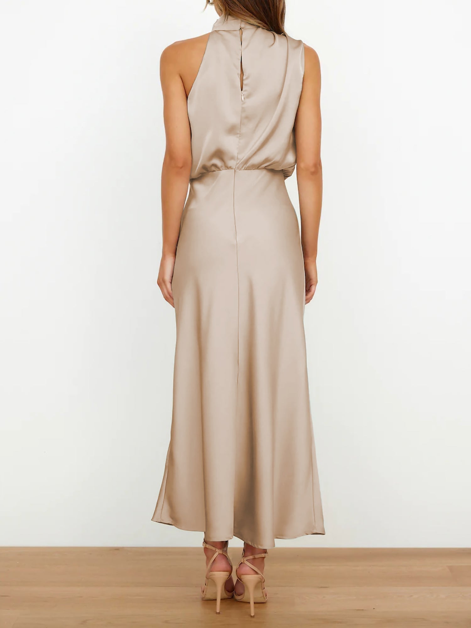 Elegant Halter Ruched Satin Sleeveless Midi Bridesmaid Wedding Party Dress