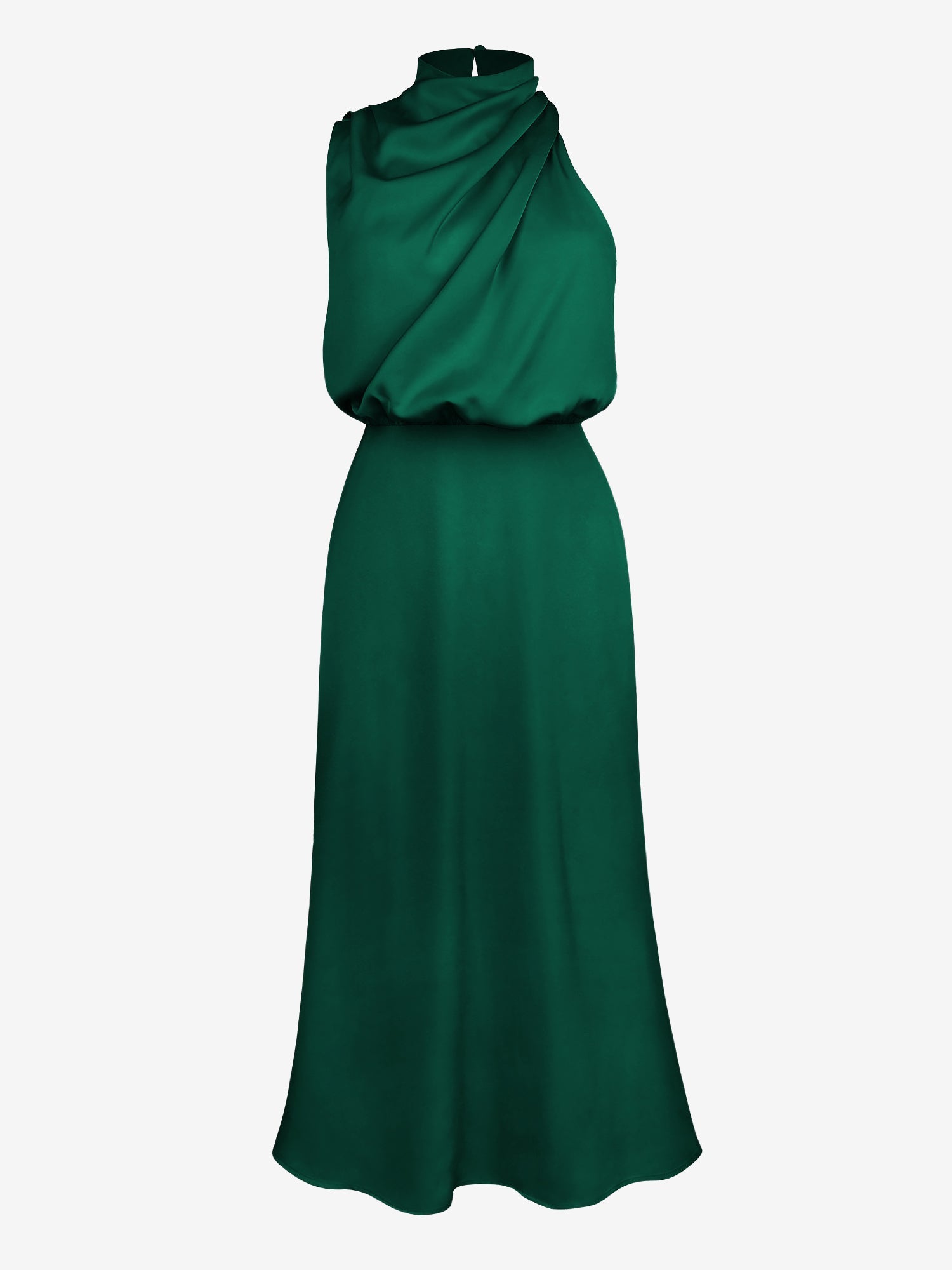 Elegant Halter Ruched Satin Sleeveless Midi Bridesmaid Wedding Party Dress