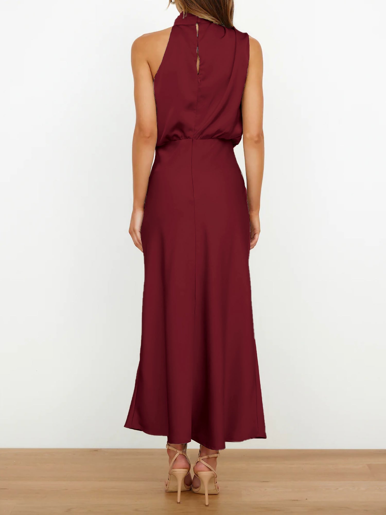 Elegant Halter Ruched Satin Sleeveless Midi Bridesmaid Wedding Party Dress