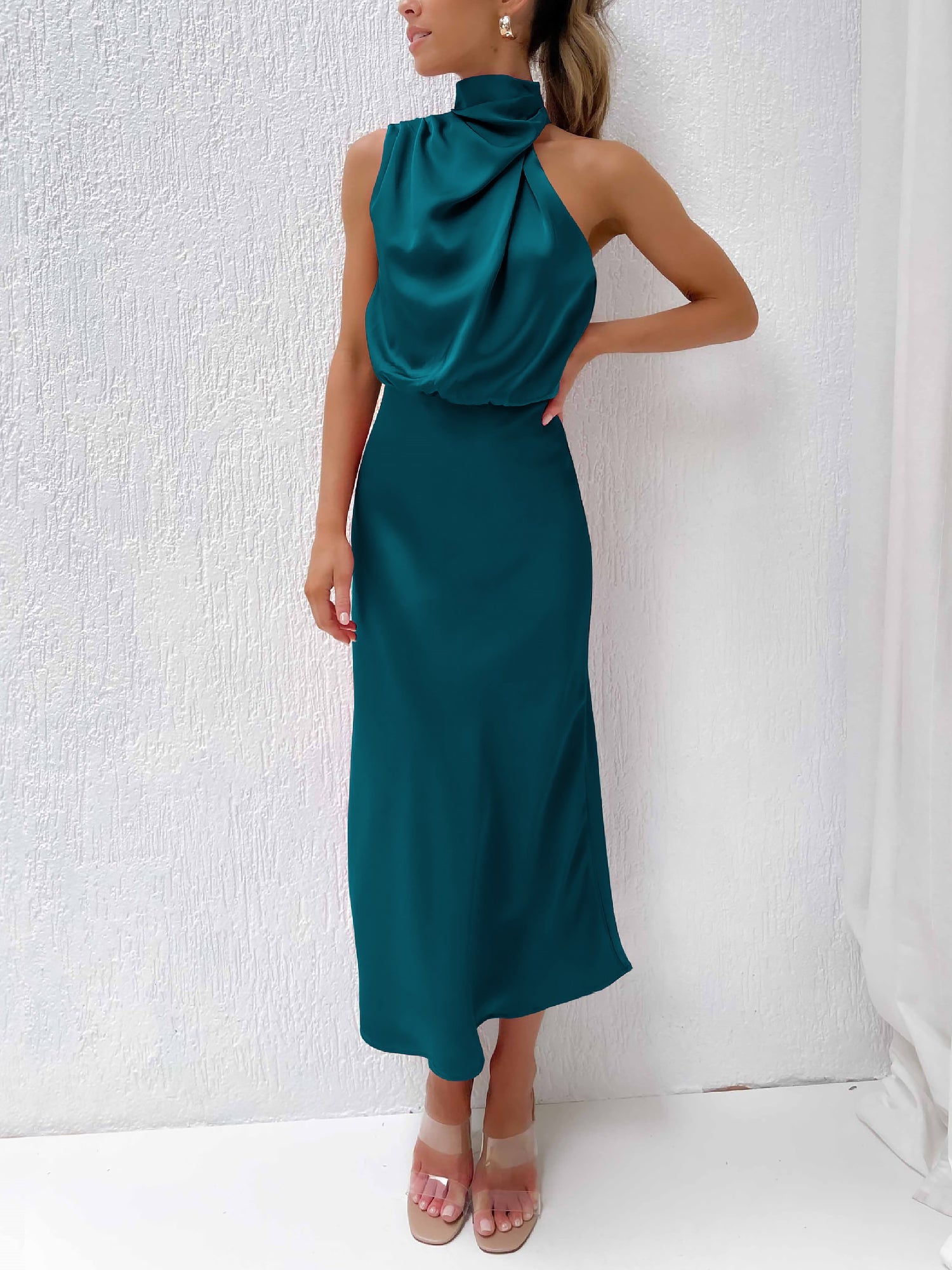 Elegant Halter Ruched Satin Sleeveless Midi Bridesmaid Wedding Party Dress