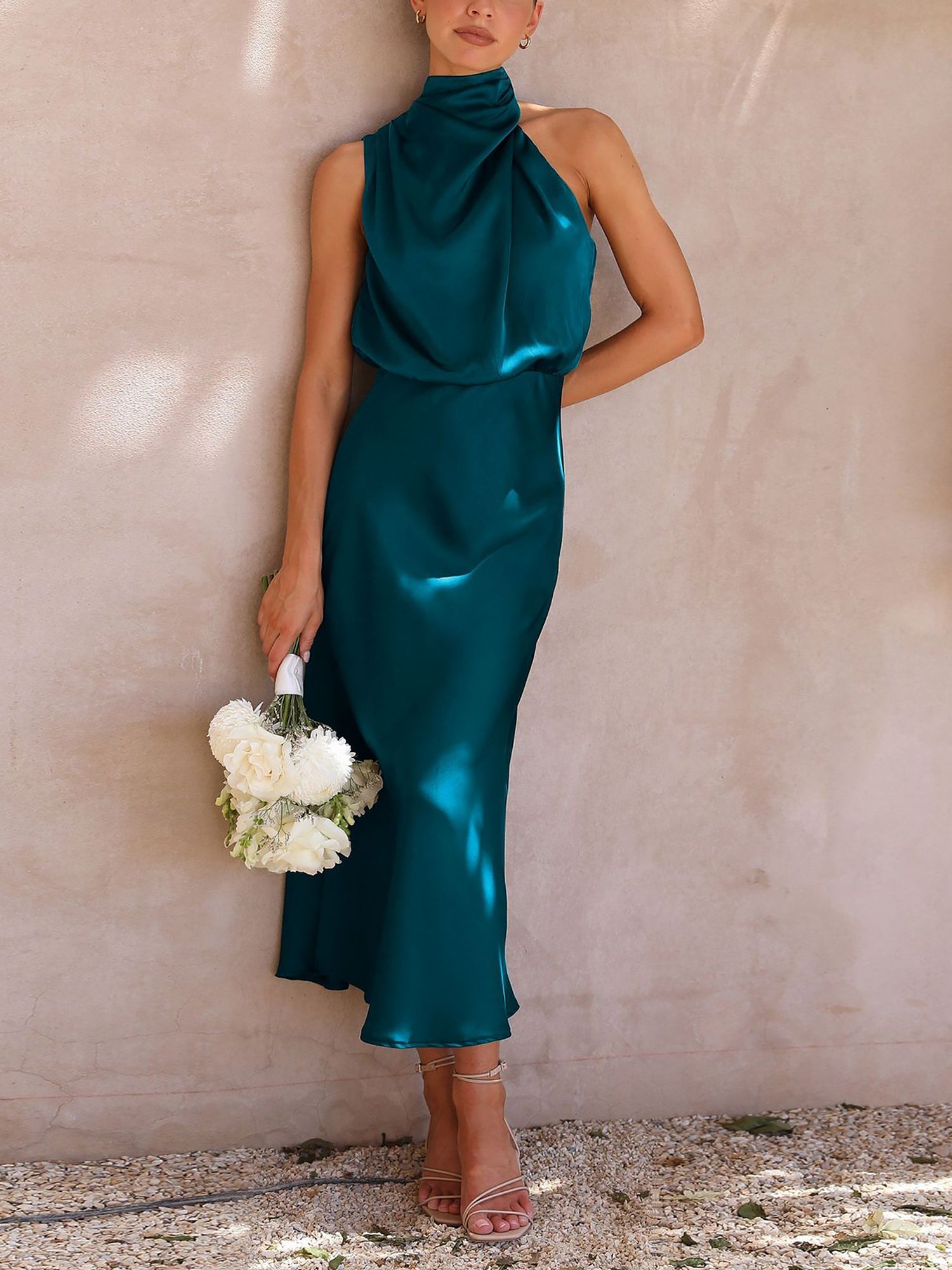 Elegant Halter Ruched Satin Sleeveless Midi Bridesmaid Wedding Party Dress