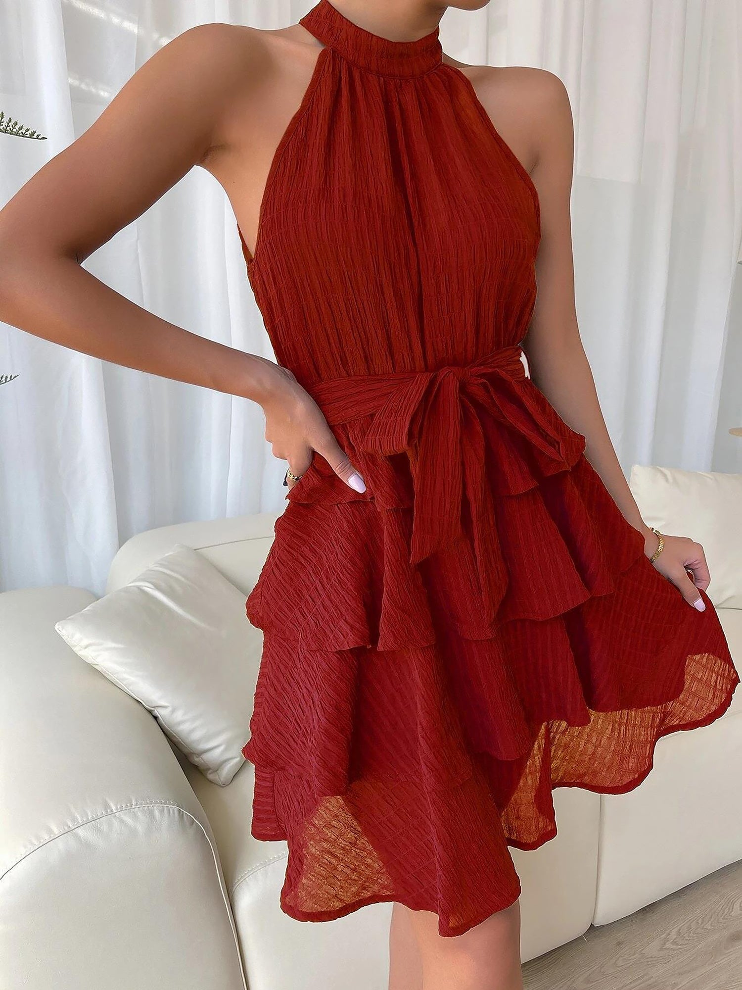 Flattering Empire Waist Sleeveless Halter Neck Textured Ruffled Tiered Mini Dress