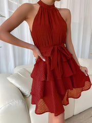 Flattering Empire Waist Sleeveless Halter Neck Textured Ruffled Tiered Mini Dress