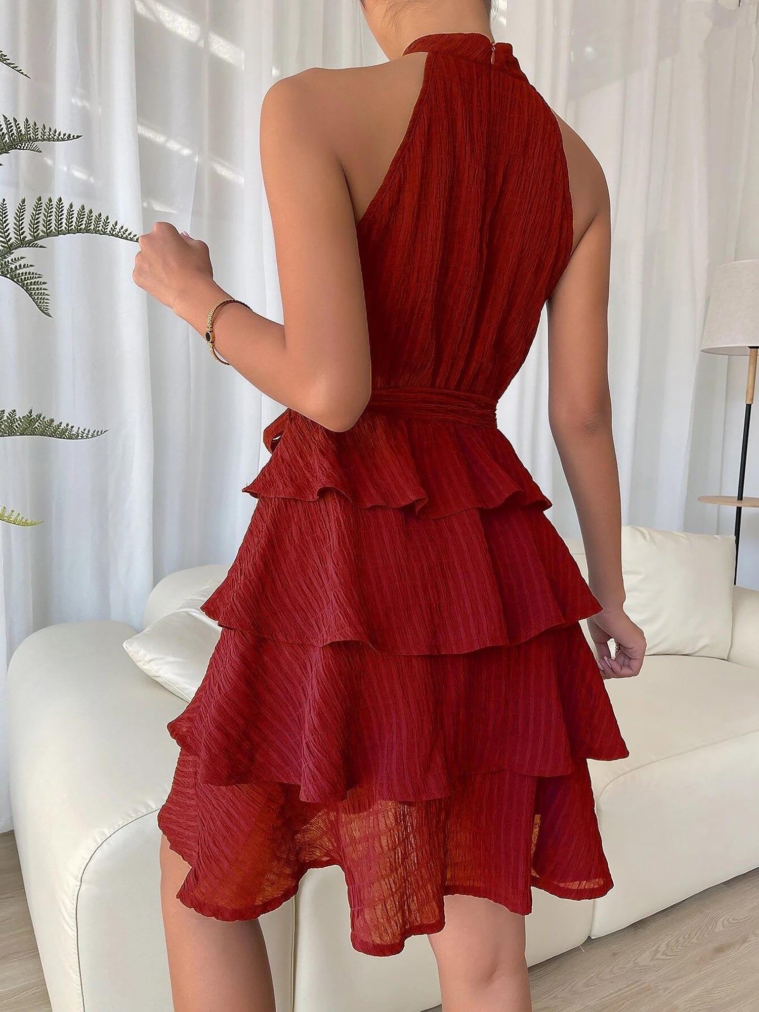 Flattering Empire Waist Sleeveless Halter Neck Textured Ruffled Tiered Mini Dress