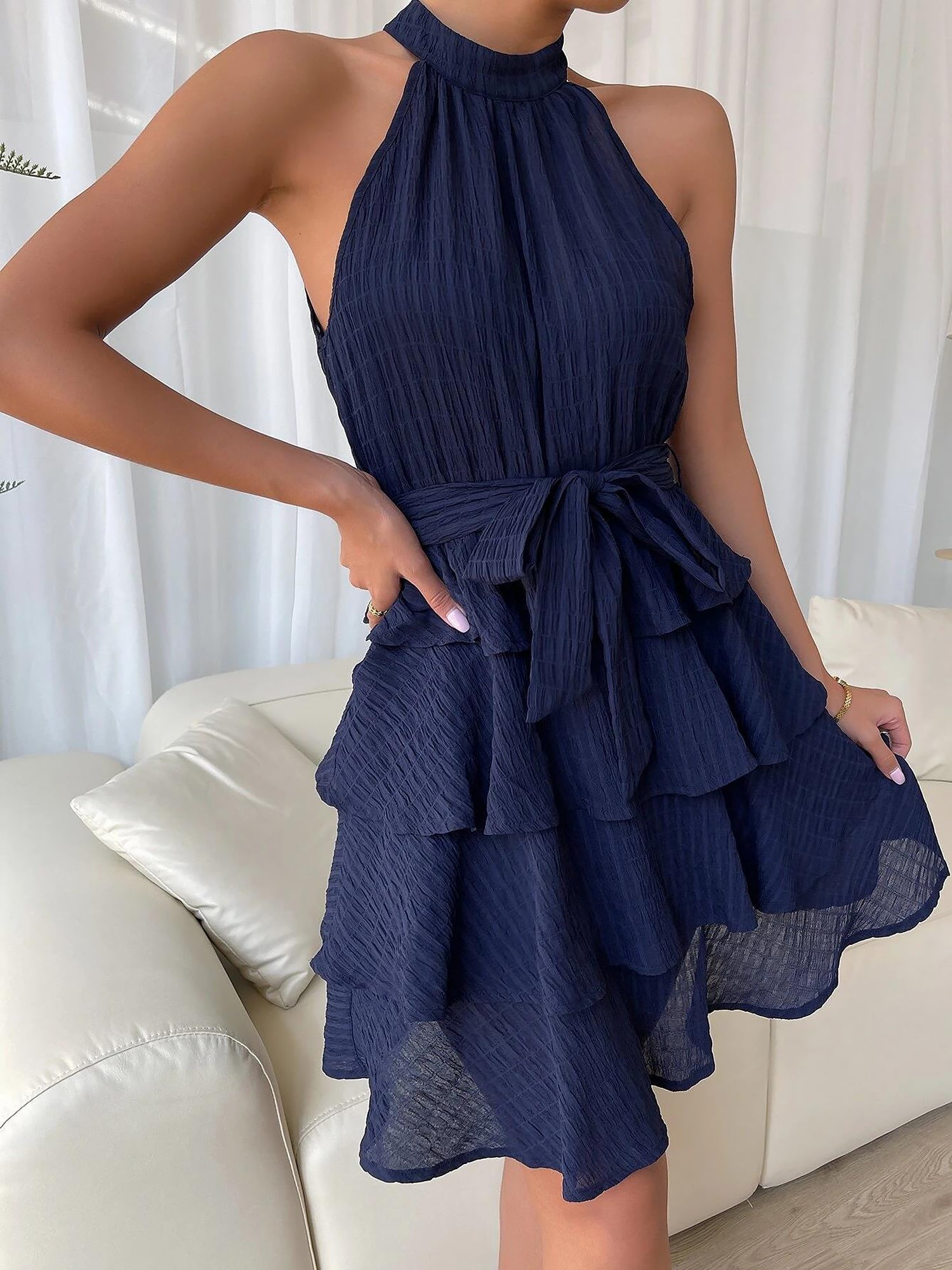 Flattering Empire Waist Sleeveless Halter Neck Textured Ruffled Tiered Mini Dress