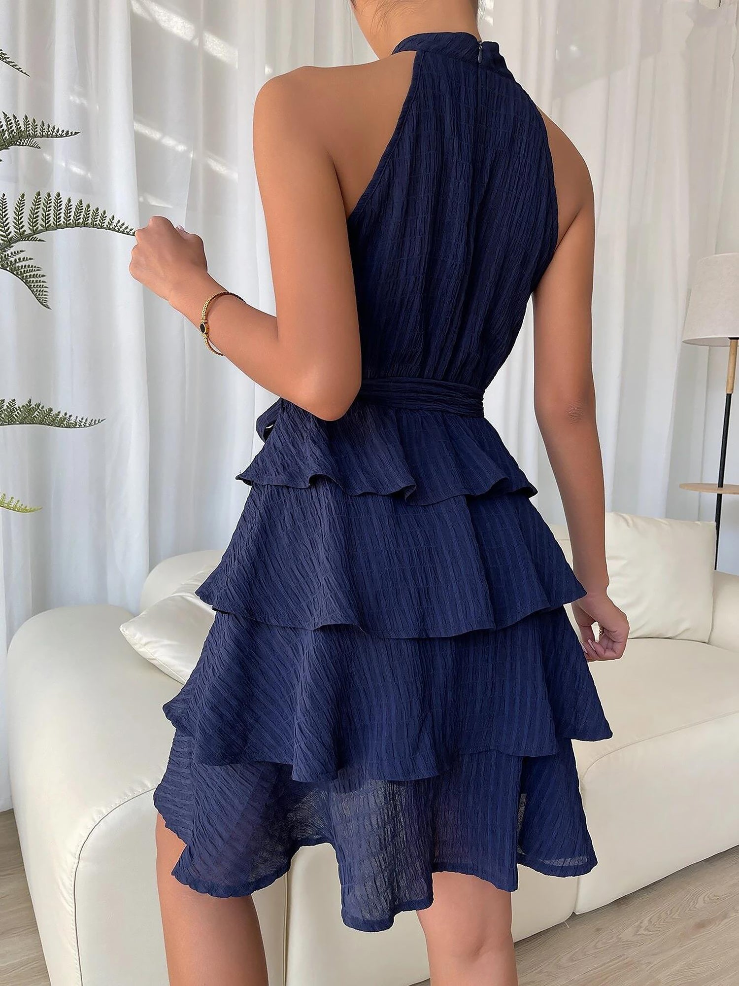Flattering Empire Waist Sleeveless Halter Neck Textured Ruffled Tiered Mini Dress