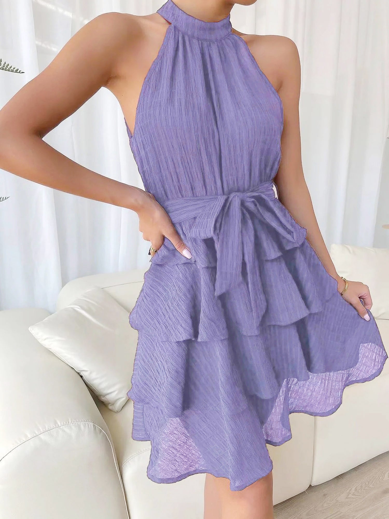 Flattering Empire Waist Sleeveless Halter Neck Textured Ruffled Tiered Mini Dress