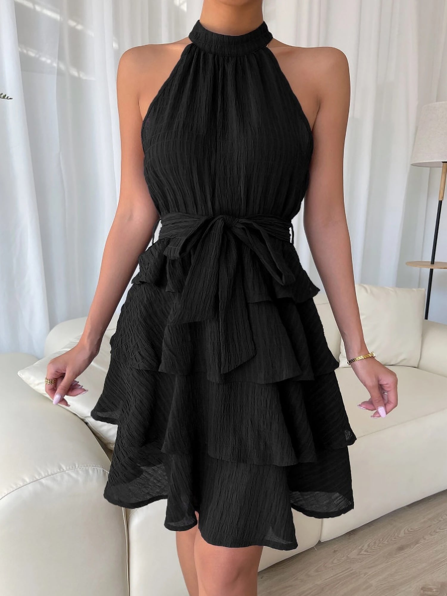 Flattering Empire Waist Sleeveless Halter Neck Textured Ruffled Tiered Mini Dress