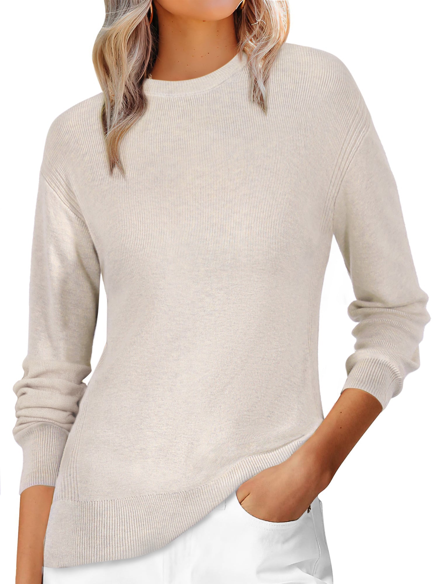 Long Sleeve Crew Neck Ribbed Knit Pullover Sweater