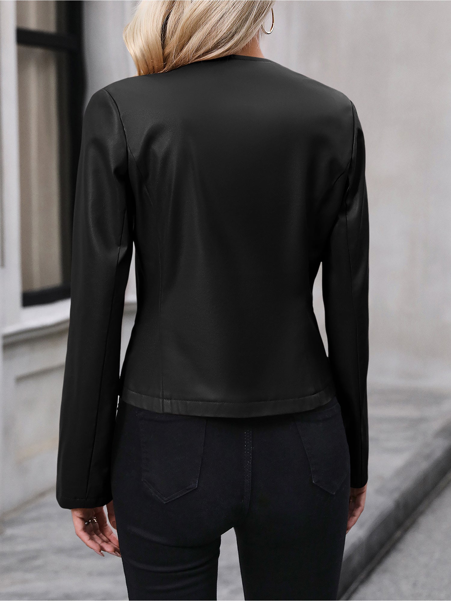 Long Sleeve Solid Color PU Leather Zipper Jacket
