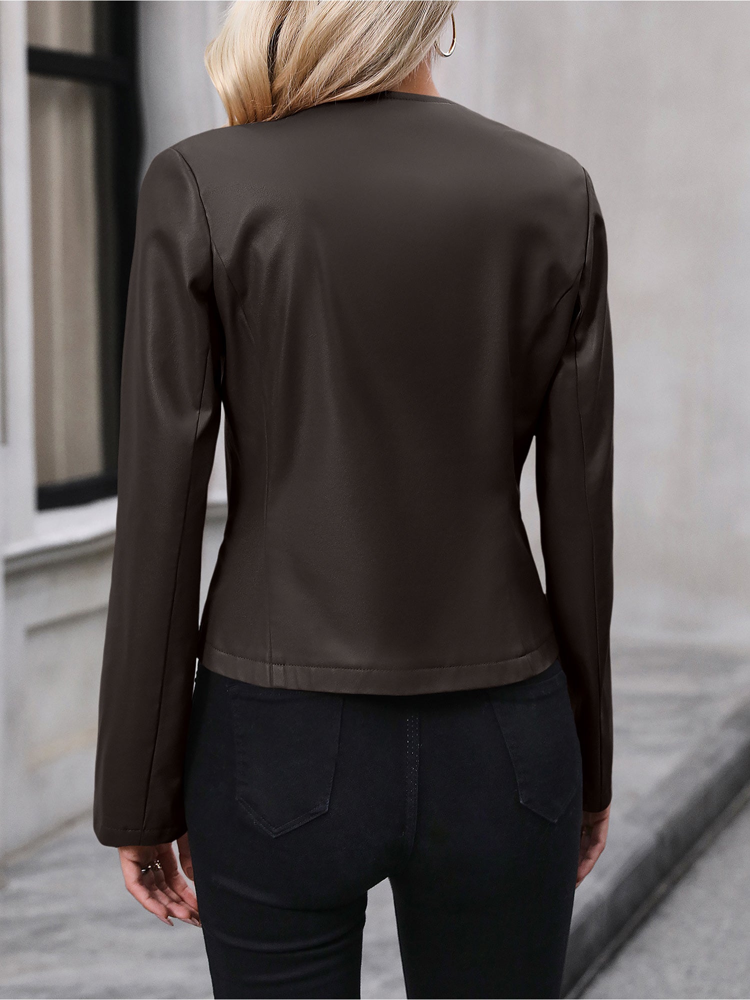 Long Sleeve Solid Color PU Leather Zipper Jacket