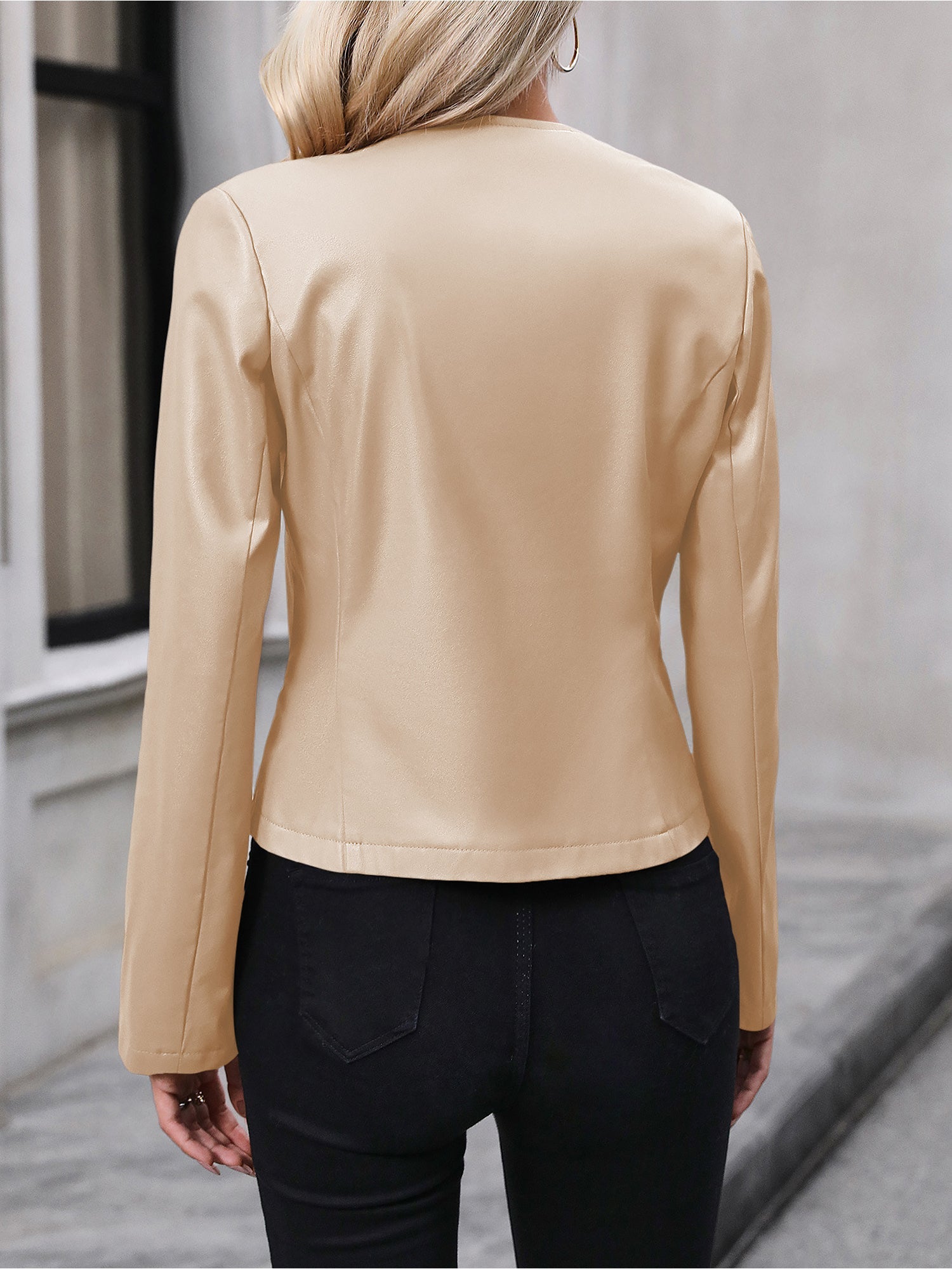 Long Sleeve Solid Color PU Leather Zipper Jacket