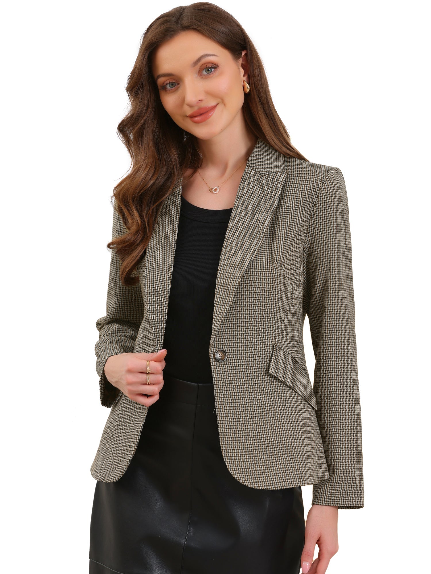 Houndstooth Notched Lapel One Button Office Work Blazer