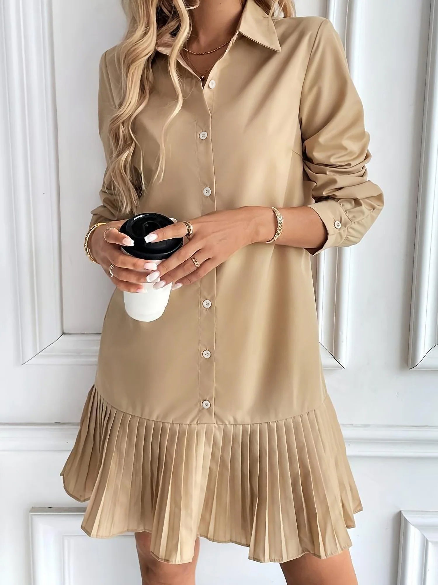 Solid Color Collared Pleated Mini Shirt Dress