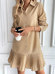 Solid Color Collared Pleated Mini Shirt Dress
