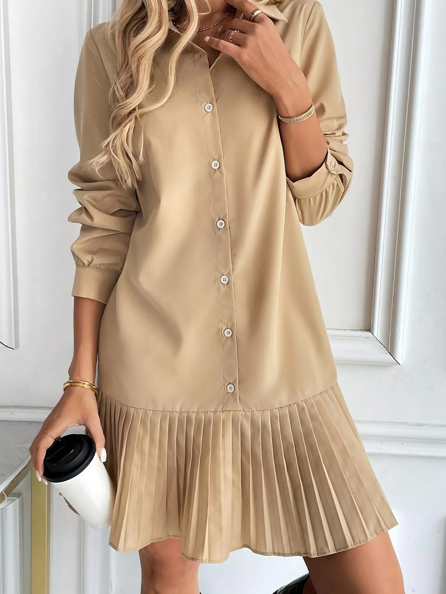Solid Color Collared Pleated Mini Shirt Dress