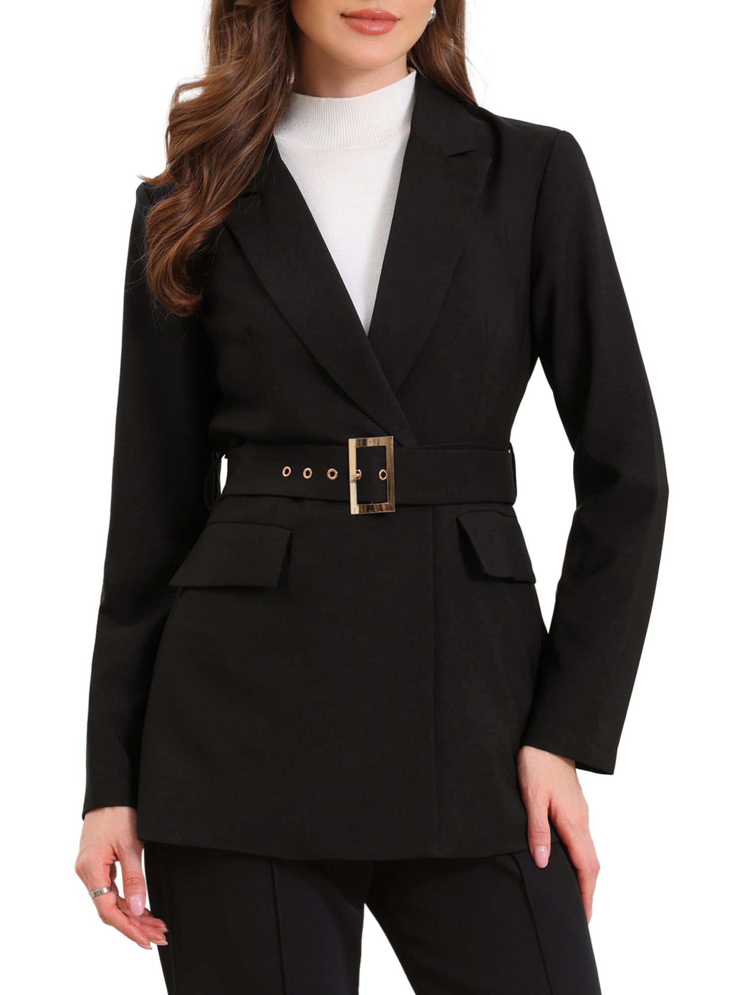Long Sleeve Collared Business Casual Belted Work Blazer