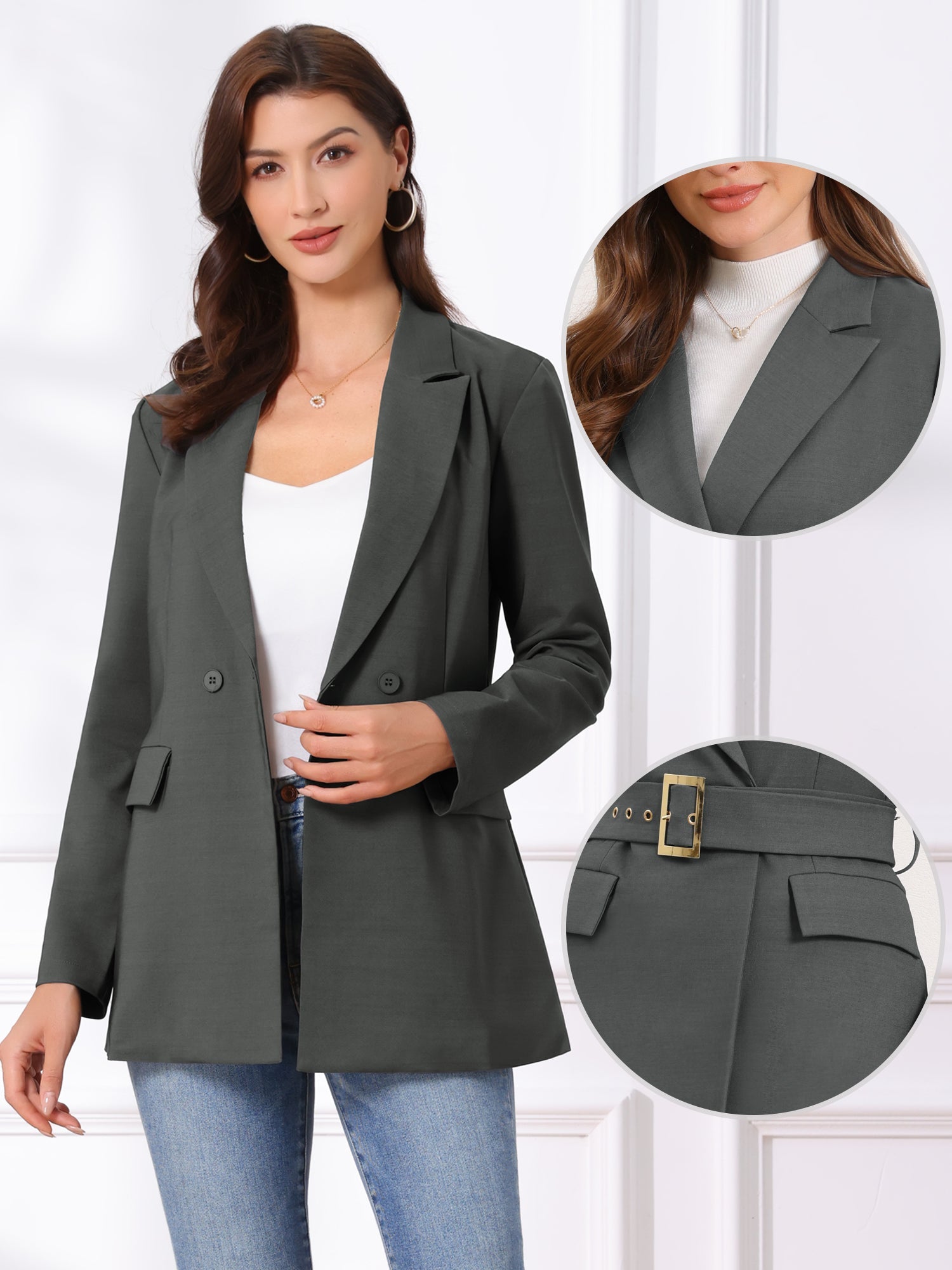 Long Sleeve Collared Business Casual Belted Work Blazer