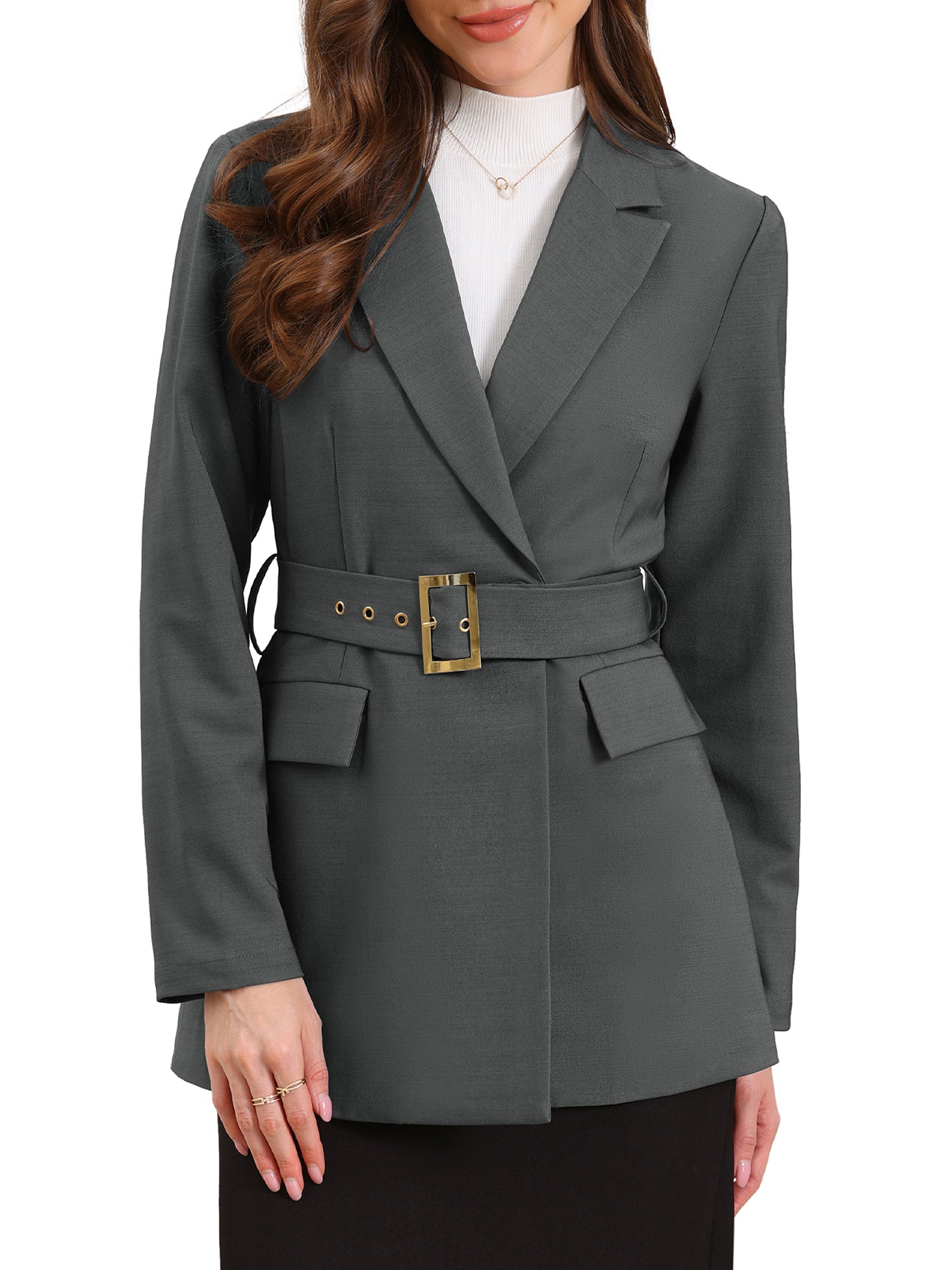 Long Sleeve Collared Business Casual Belted Work Blazer