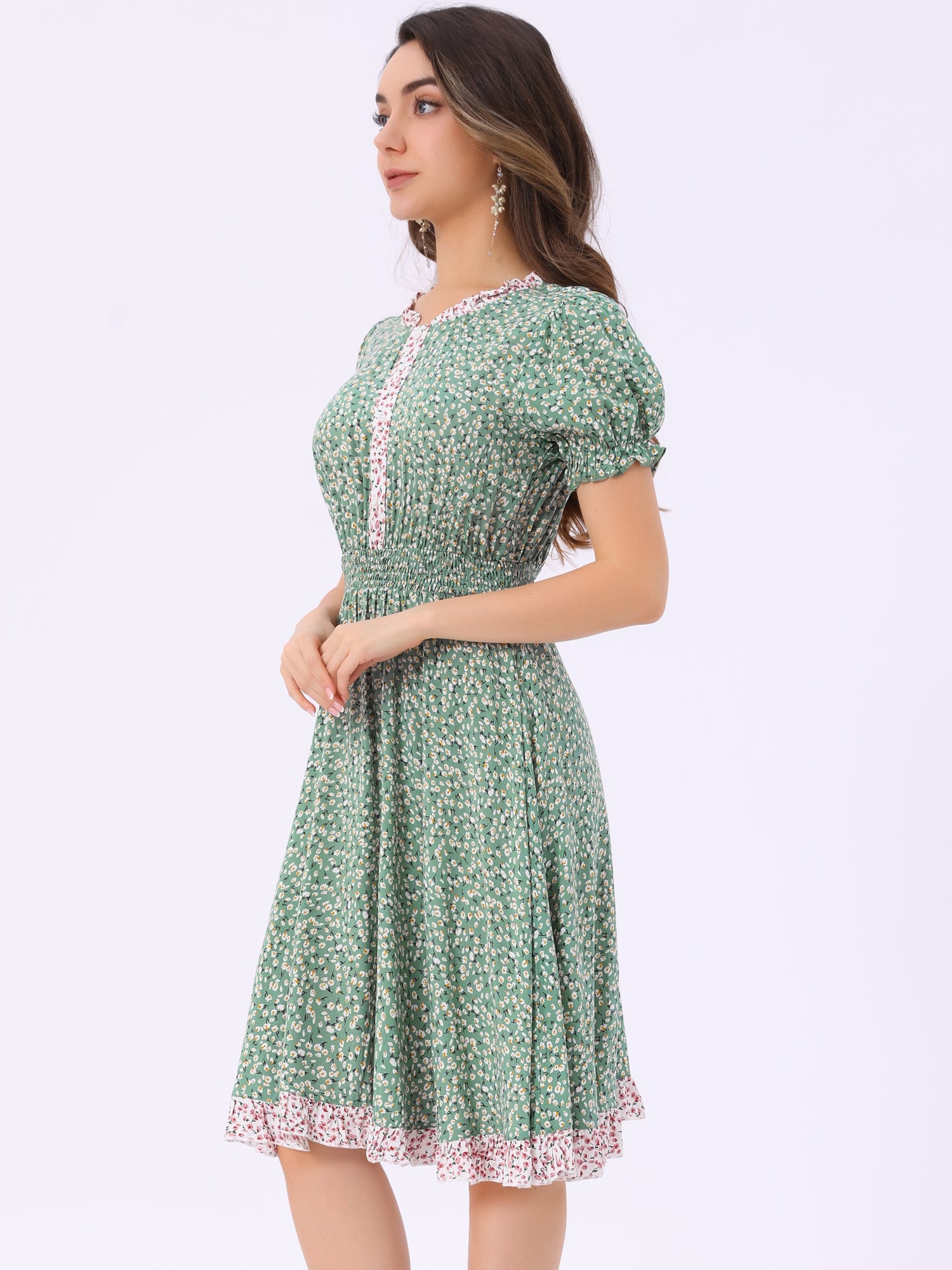 Floral Ruffle Neck Smocked Waist Short Sleeve Midi Dress