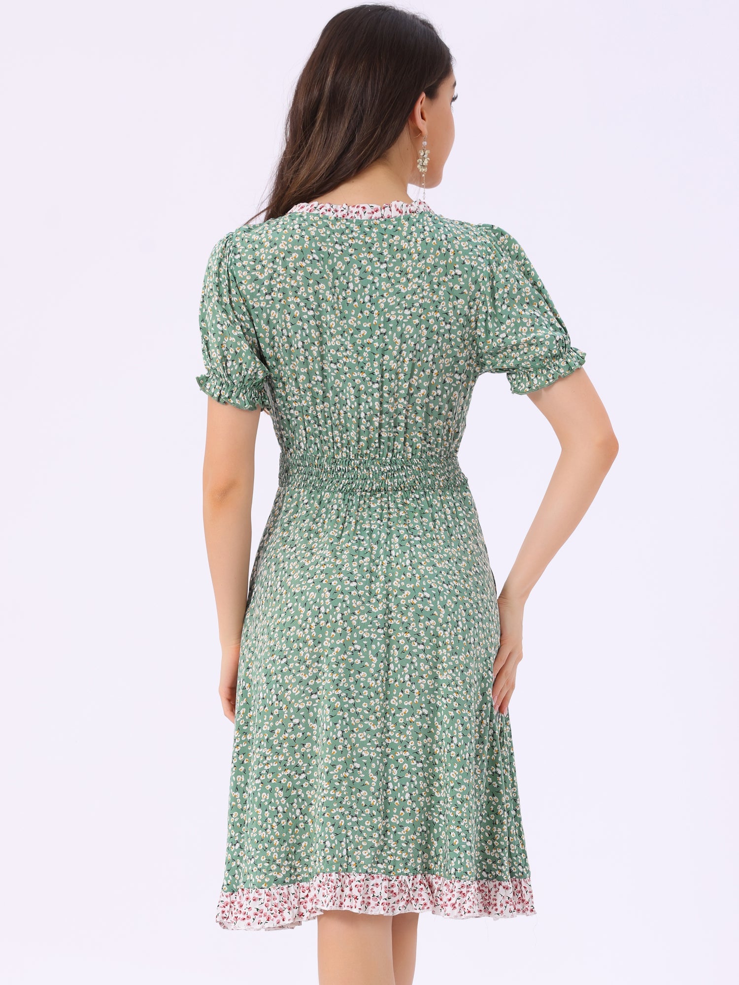 Floral Ruffle Neck Smocked Waist Short Sleeve Midi Dress