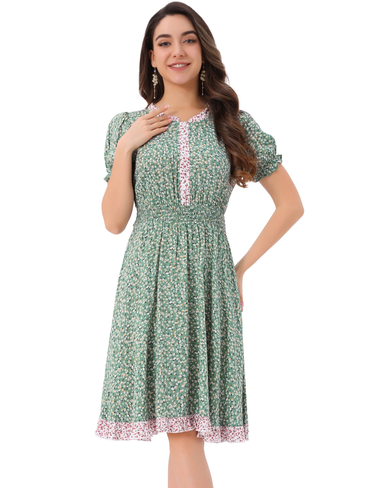 Floral Ruffle Neck Smocked Waist Short Sleeve Midi Dress