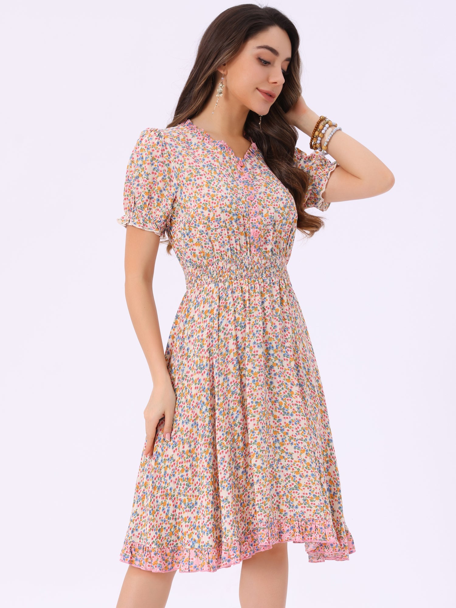 Floral Ruffle Neck Smocked Waist Short Sleeve Midi Dress