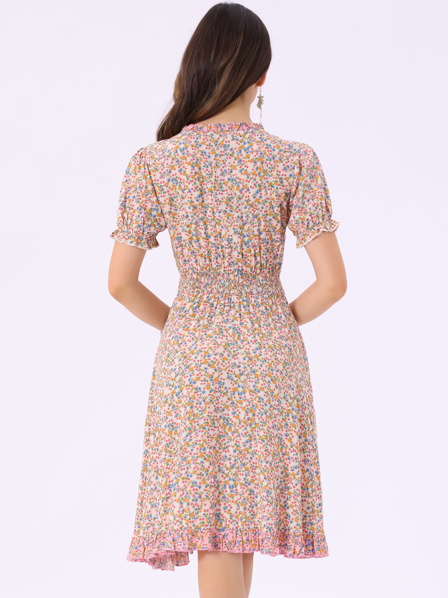 Floral Ruffle Neck Smocked Waist Short Sleeve Midi Dress