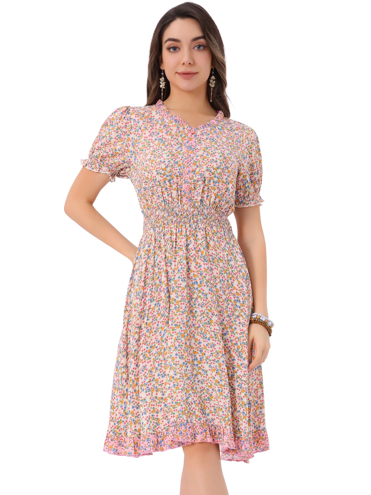 Floral Ruffle Neck Smocked Waist Short Sleeve Midi Dress