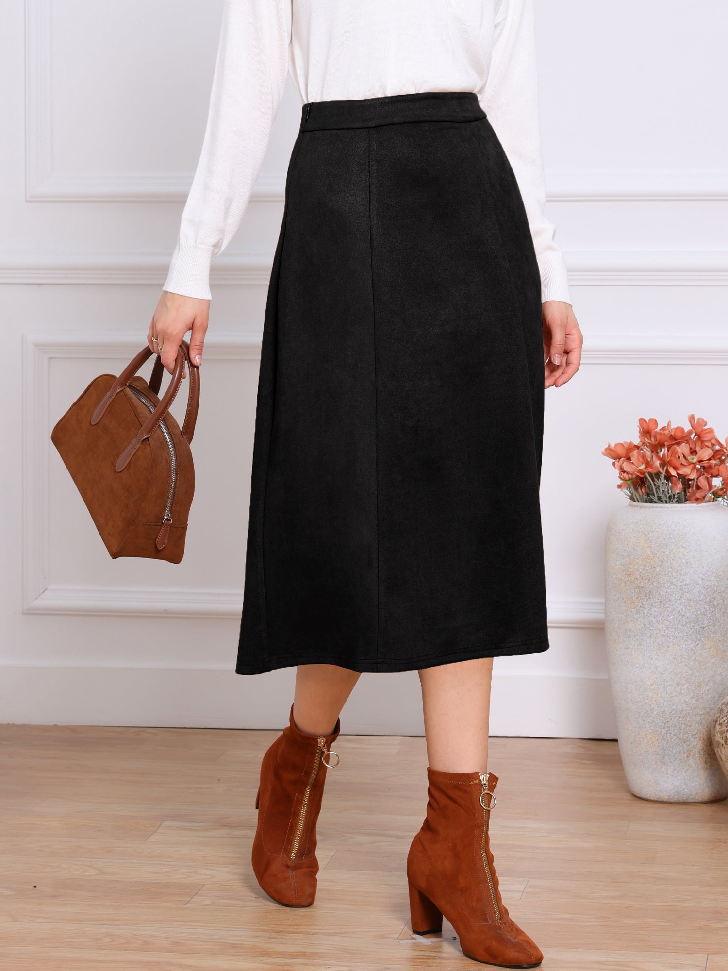 Faux Suede Casual A-Line Midi Skirts