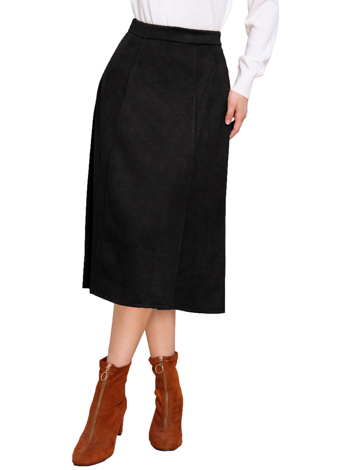 Faux Suede Casual A-Line Midi Skirts