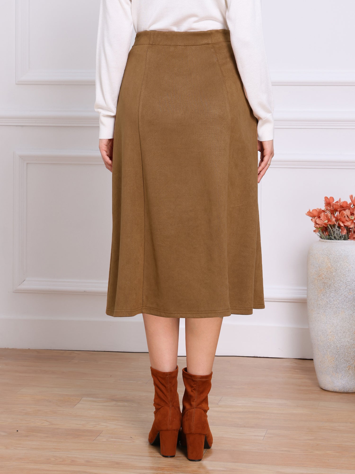 Faux Suede Casual A-Line Midi Skirts