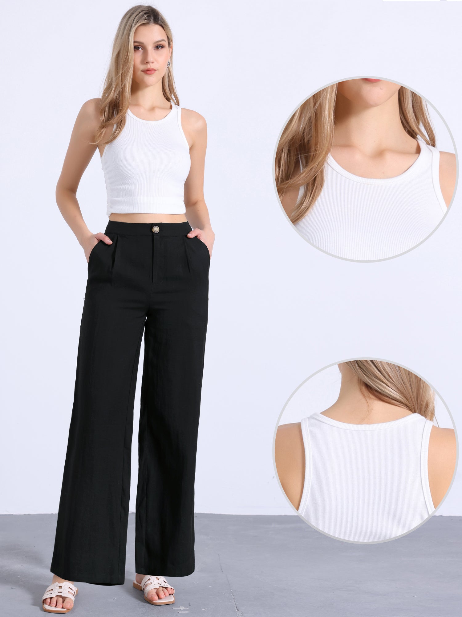 Casual Wide Leg Elastic Waist One Button Pocketed Pants