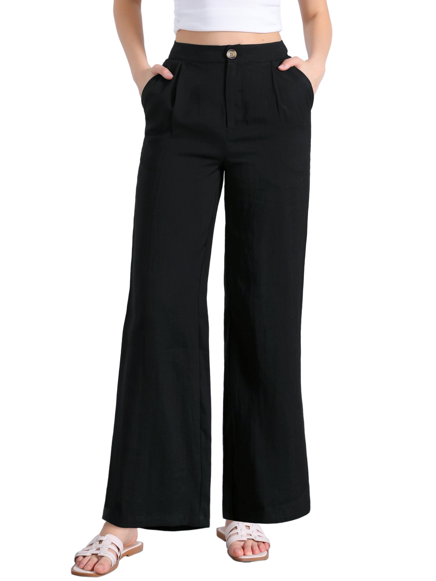 Casual Wide Leg Elastic Waist One Button Pocketed Pants