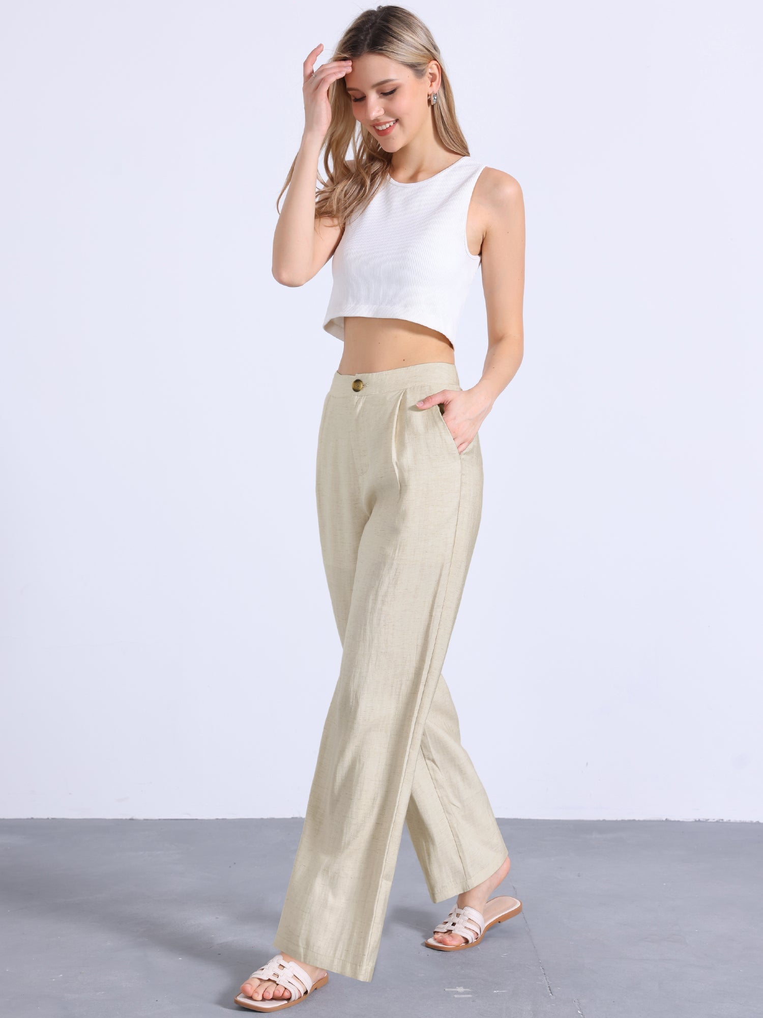 Casual Wide Leg Elastic Waist One Button Pocketed Pants