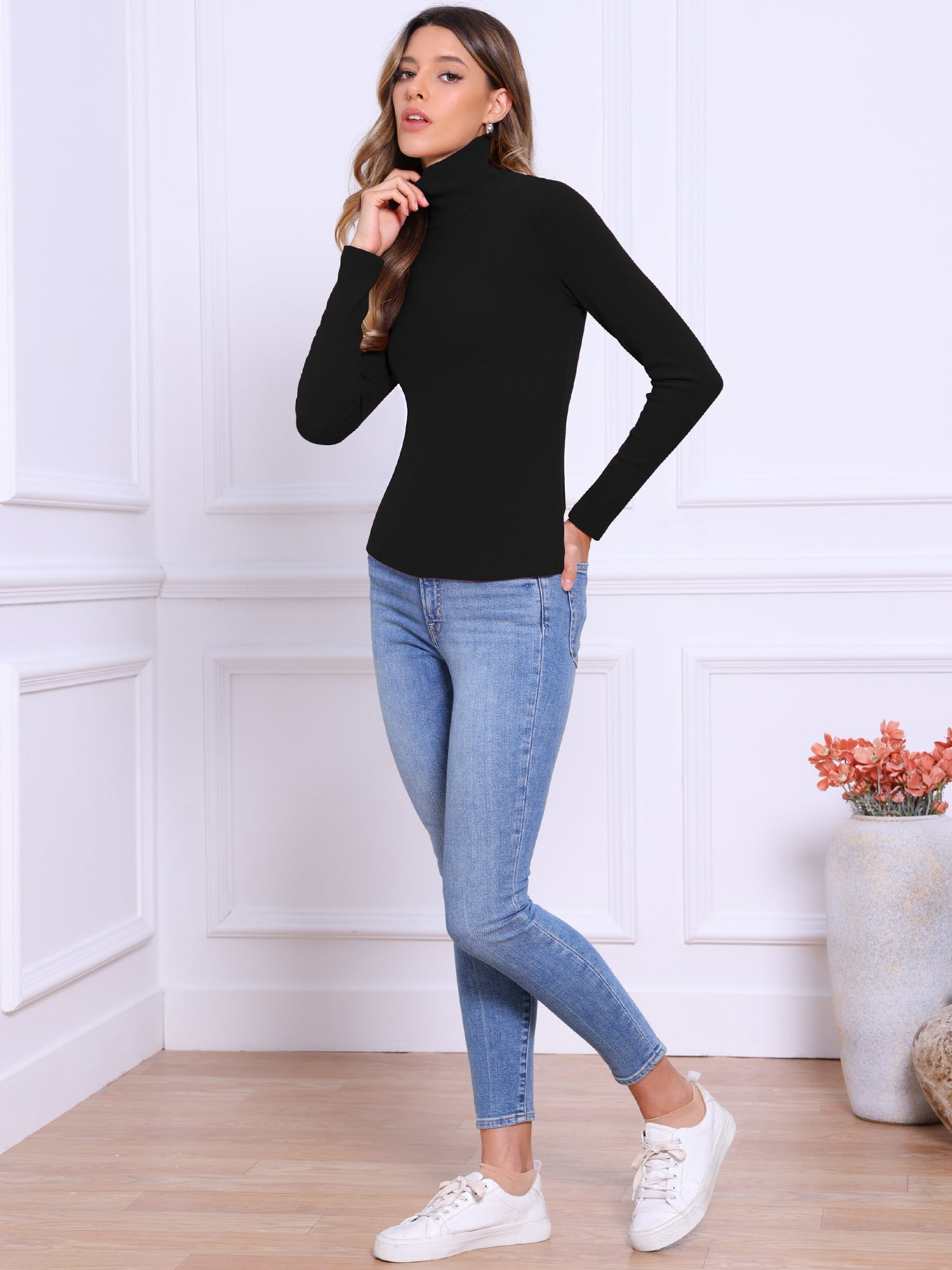 Mock Neck Long Sleeve Casual Pullover Knit Tops