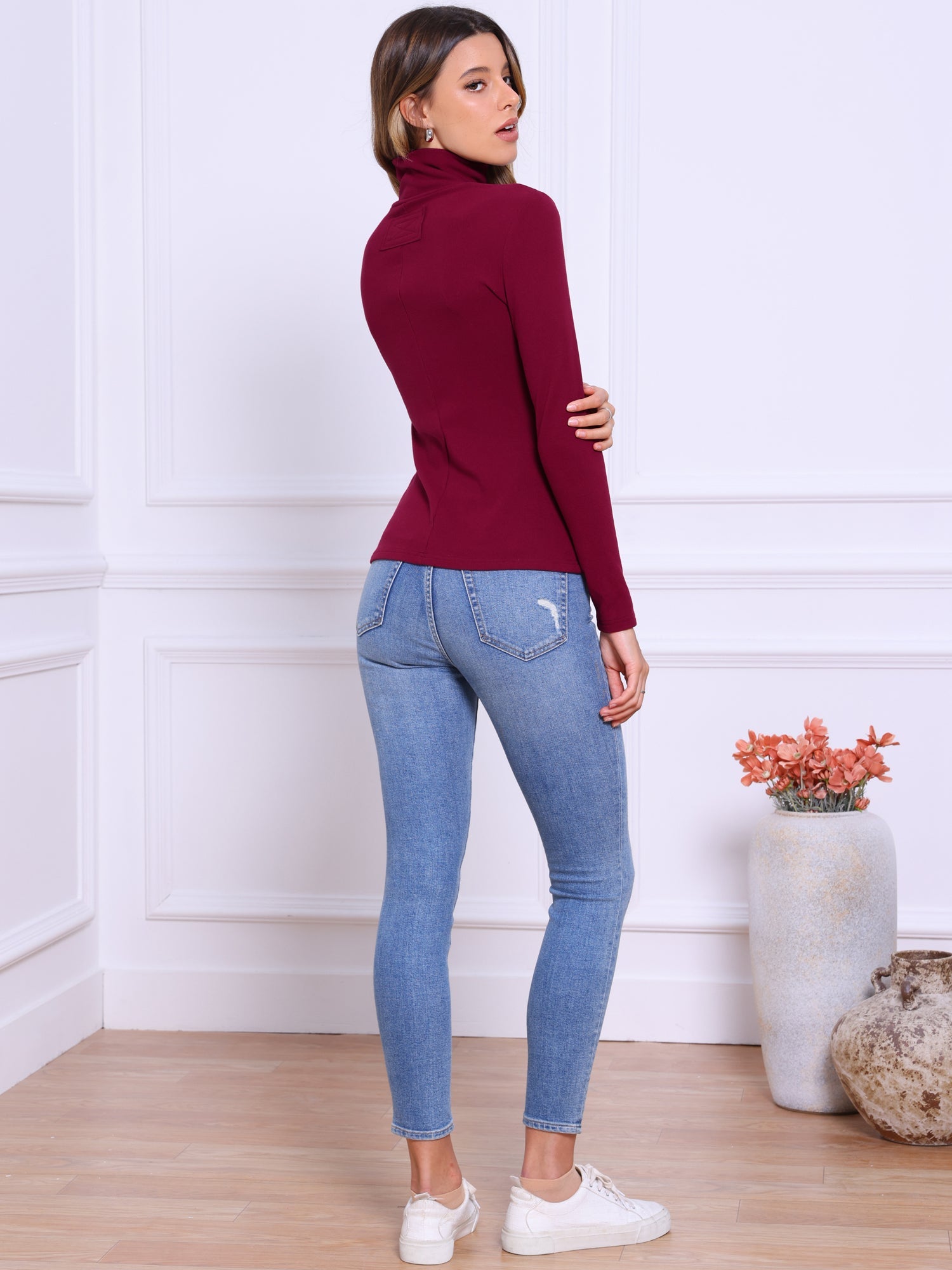 Mock Neck Long Sleeve Casual Pullover Knit Tops