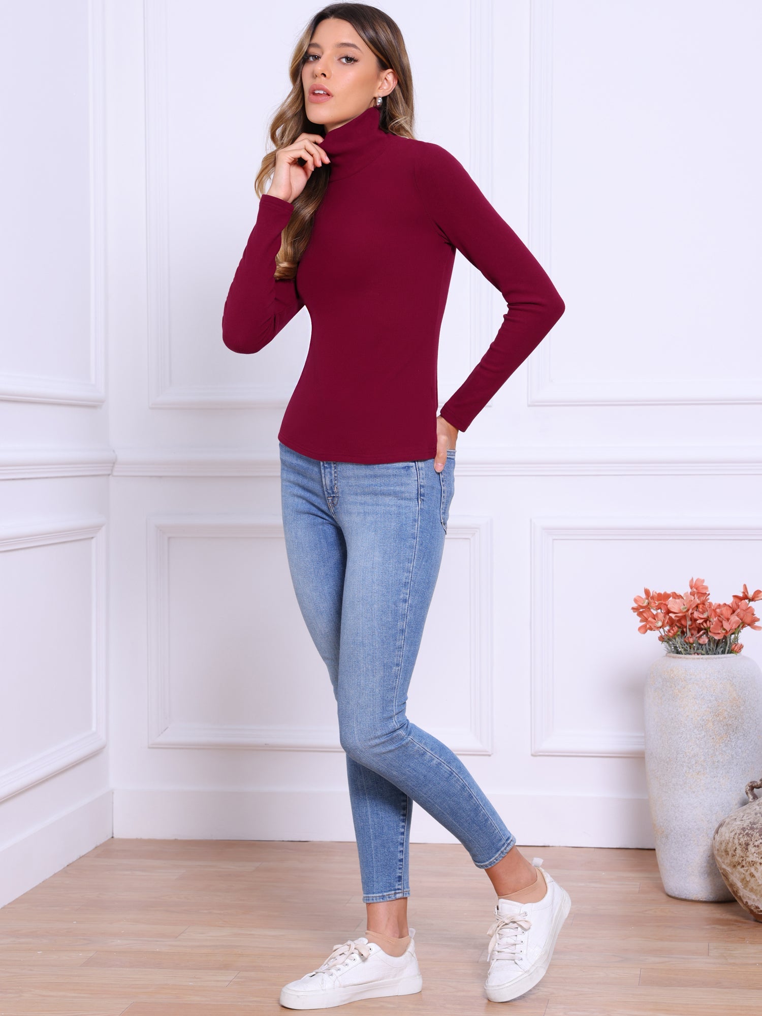 Mock Neck Long Sleeve Casual Pullover Knit Tops