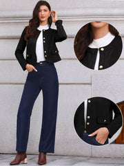 Crew Neck Long Sleeve Button Down Casual Cropped Jacket